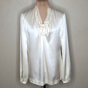100% SILK Tory Burch 6 Ivory Bow neck long sleeve pullover Blouse top p2p 18”